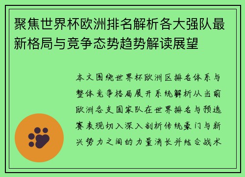 聚焦世界杯欧洲排名解析各大强队最新格局与竞争态势趋势解读展望
