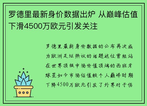 罗德里最新身价数据出炉 从巅峰估值下滑4500万欧元引发关注 罗德里最新身价数据出炉 从巅峰估值下滑4500万欧元引发关注